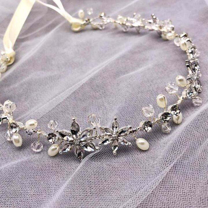 2pcs-girls-headwear-rhinestone-flower-handmade-pearl-hairband-soft-chain-headband-simple-knot-wedding-hair-accessories