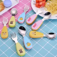 Childrens 304 Stainless Steel Cartoon Cute Food Supplement Training Spoon Fork Korean Short Handle Tableware Portable Set