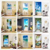 Beach Sun Self-Adhesive วอลล์เปเปอร์ประตู3D PVC ออกแบบบ้านสติกเกอร์ตกแต่ง Porte Scenery โปสเตอร์ภาพจิตรกรรมฝาผนัง Wall Decals Deursticker