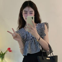 Square Neck Blouse Women Fashion Casual Plaid Shirt Korean Style Summer New Cropped Top