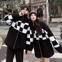 EERSHENSHI เสื้อโค้ทขนสัตว์คอปกตั้งได้ลายตารางหมากรุกคู่ดีไซน์อเนกประสงค์ทรงหลวมฉบับภาษาเกาหลีเสื้อขนแกะ