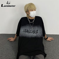 Lansboter เสื้อยืดแขนสั้นผู้ชายแผนกมืดอักษรกราฟฟิตีย้อนยุคเสื้อยืดแบบหลวมพิมพ์ลาย