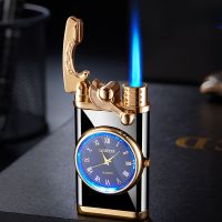 ✳ New rocker arm automatic ignition straight blue flame lighter creative real dial inflatable windproof lighter mens watch gift