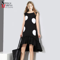 New Summer Woman Black Sleeveless Sun Dress Large Dots Patches Ruffle Hem Straight Sundress Girls Cute Midi Tank Dress Robe 1193