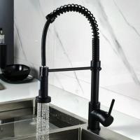 Black And Silver Spring Pull Down Kitchen Sink Faucet Hot &amp; Cold Water Mixer Crane Tap With Dual Spout Deck Mounted Kitchen Tool