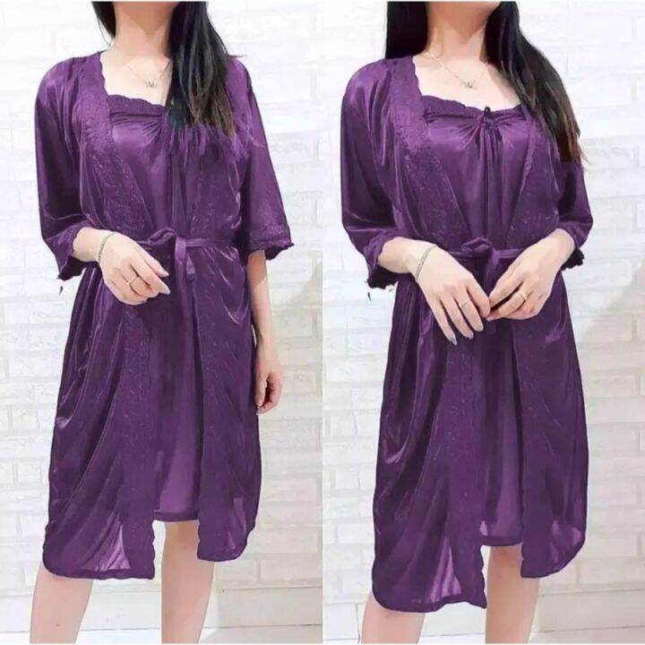 SKA53 Sexy Lingerie Ungu Dress dan Kimono Luar - Baju Tidur Wanita