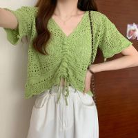 Short Sweater Female Summer Thin Draw Rope Hollowing Sunscreen Shirt Short-sleeved Shirt