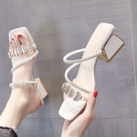 Slippers Outerwear 2022 New Internet Rhinestone Shoes Fashionable Thick Heel Heels Medium One-Word Sandals