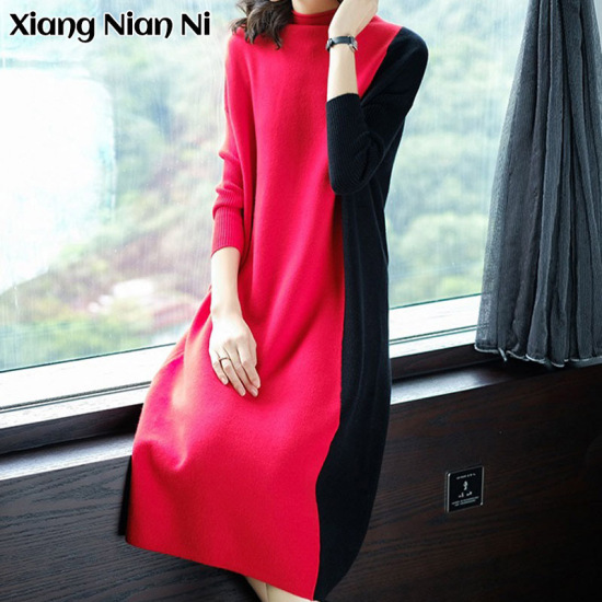 Xiang nian ni đầm cho nữ đầm dệt kim dài tay đầm chắp vá màu tương phản - ảnh sản phẩm 1
