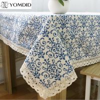 【cw】 Blue Flower Retro Lace Tablecloth Chinese Style Cotton Table cloth Rectangular Dinning Table cloth for table Picnic ！