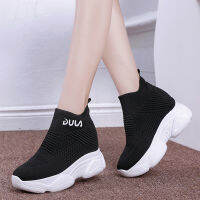 Breathable Knitted Chunky Sneakers Women  New Spring Solid Wedge Sock Shoes Woman Thick Bottom High Top Shoes Female I267