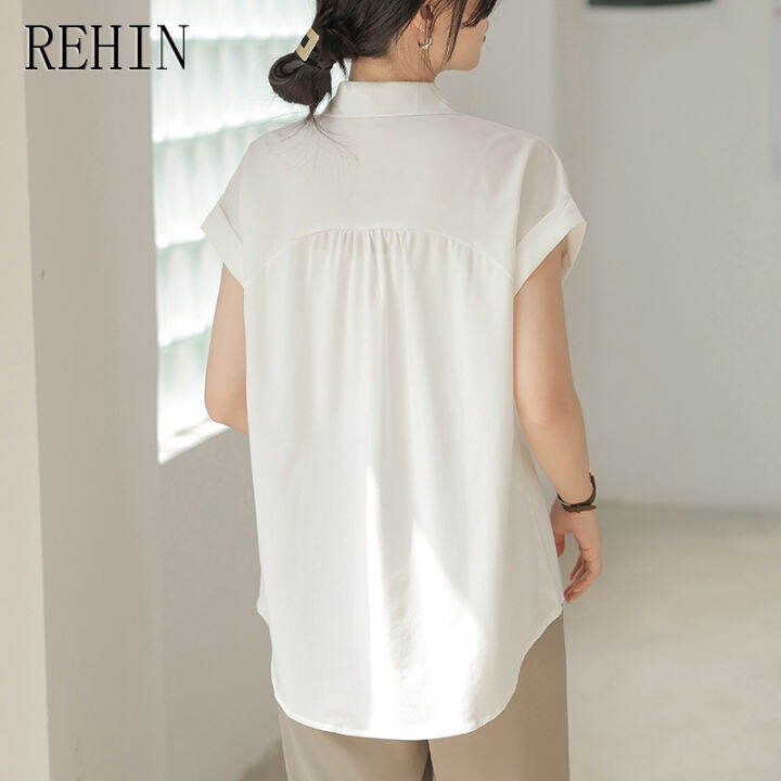 rehin-สีขาวเสื้อเชิ้ตเสื้อผู้หญิง-สไตล์ฤดูร้อนสดใสเรียบง่ายสวมใส่ได้หลายโอกาสการออกแบบที่ไม่เหมือนใครเสื้อหรูหราแขนสั้น