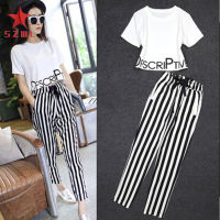 SZWL Women Fashion Summer Short Sleeve Printing Shirts+Stripe Printing Trousers