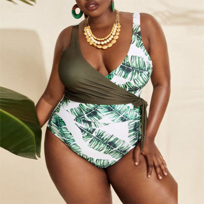 Plus Size Bikini Swimsuit For Women Patchwork Push Up Swimwear High Quality Female Monokini Leaves Print Bodysuit Beac