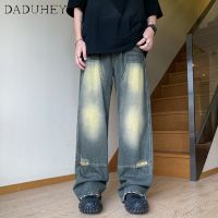 DaDuHey 2023 American-Style Retro High Street Yellow Mud-Color Frayed Ripped Jeans Mens Ins Fashionable Handsome Loose Casual PantsTH