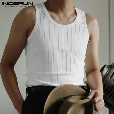 INCERUN เสื้อกล้ามกีฬาฟิตสำหรับผู้ชาย,เสื้อยืดถักสำหรับวันหยุดสไตล์ตะวันตก