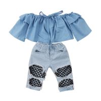 Toddler Kids Baby Girls Off Shoulder Tops Denim Pants Hole Jeans Outfits Clothes Summer Fashion Csual Kids Clothes  by Hs2023