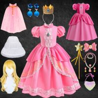 Game Movies Birthday Party Girls Princess Peach Dress Prom Pink Puff Sleeve Lace Long Dresses Aurora Halloween Cosplay Costume