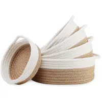 5-Piece Round Small Woven Baskets Set - 100% Natural Cotton Rope Baskets Key Tray, Kids Toys, Bowl