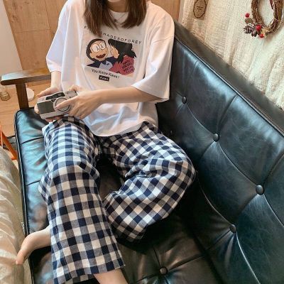 【Ready Stock】Women Baju Tidur Wanita Korean Short Sleeve Pajamas Doraemon Cartoon Plus Size Slack Nightwear Homewear