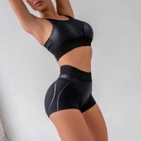 Black Gym Suits Sports Fitness Set Tank Top Women Sexy Bra Spliced Mesh Hip Shorts Fitness Tracksuit Yoga Set Women Clothing