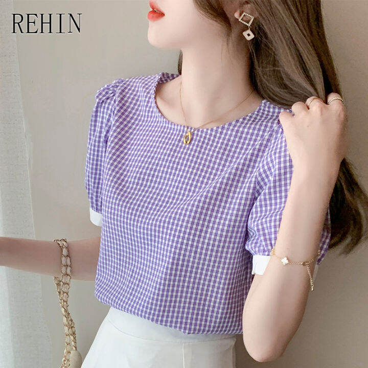 rehin-เสื้อเชิ้ตแขนสั้นลายสก็อตอเนกประสงค์ของผู้หญิง-เสื้อเบลาส์ใหม่ฤดูร้อนแบบเรียบง่ายหรูหรา