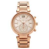 นาฬิกาผู้หญิง MICHAEL KORS Sawyer Mother of Pearl Crystal Pave Dial Rose Gold-Tone Ladies Watch MK62