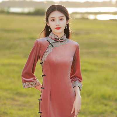 Cheongsam กำมะหยี่2022ปรับปรุงอารมณ์หนุ่มสาวระดับไฮเอนด์สีชมพูแขนยาว