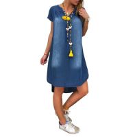 ZZOOI 2020 Summer Womens Casual Jeans Dress Fashion Cool V-Neck Denim Long Party Dresses Short Sleeve Swing Dress roupas femininas