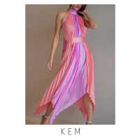 Kemissara Double Bow Open Back Dress - Candy Pink ชุดพลีตผู้หญิงไหล่ลํ้า ผูกโบว์ที่คอ ชดผ้าพริ้วปล่อยสบาย กระโปรงเอวยางยืด