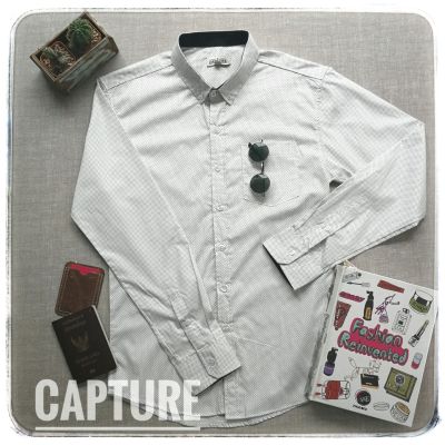 Capture Shirt เสื้อเชิ้ตผู้ชาย แขนยาวคอปก ลายจุดไข่ปลา สีขาว มีถึงอก 48 นิ้ว