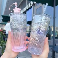 Starbucks Cup New Symphony Aurora Pink Cherry Blossom Gradient Peach Blossom Goddess Glass Straw Cup ถ้วยความจุขนาดใหญ่