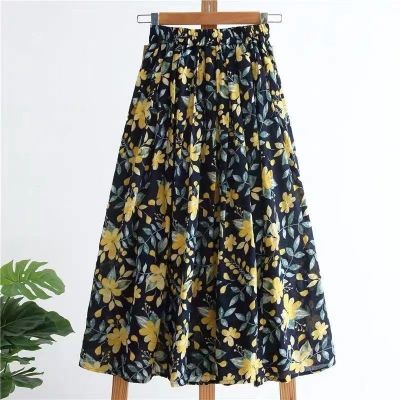 【CC】☌  2022 Skirts Floral Print Skirt Elastic Waist Beach Mid Calf Female