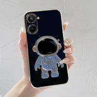 เคส Realme 10 Pro  นักบินอวกาศขาตั้งแบบพับได้แฟชั่นสีทึบหรูหราชุบโครเมียมนุ่ม TPU เคสโทรศัพท์สแควร์คลุมทั้งหมดเคสป้องกันกล้อง