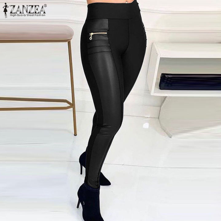 Clearance Sale Murah] Celmia ZANZEA Women Fashion OL PU Leather Skinny  Pants Patchwork Leggings Casual Elastic Waist Trouser #20