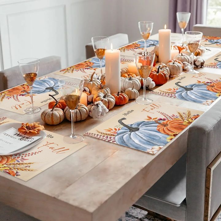 โต๊ะความร้อนต้นฟักทองสีฟ้าสำหรับฤดูใบไม้ร่วงวันขอบคุณพระเจ้า4-6ชิ้นทนต่อใบไม้ที่วางแก้วในครัวเครื่องประดับอุปกรณ์รับประทานอาหาร