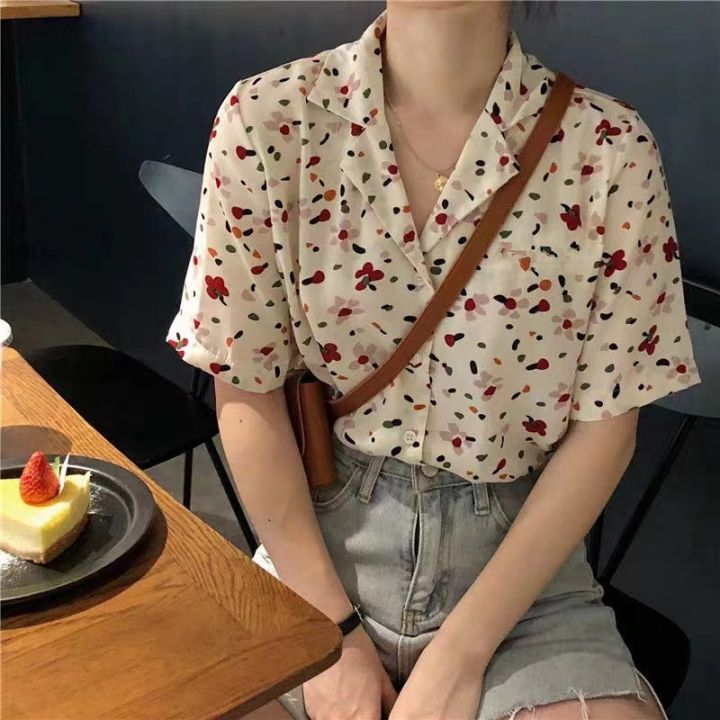 【STOCK+COD】Riya Fashion Retro chic Floral Chiffon polo shirt for women ...