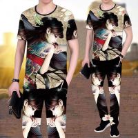 【Hot Sale】 printing casual suit mens short-sleeved trousers Chinese style T-shirt beauty cool