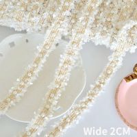 2CM Wide Beautiful Beige Cotton Pearls Embroidery Beaded Fringed Ribbon Handmade DIY Lace Applique Collar Cuffs Apparel Fabric Exercise Bands