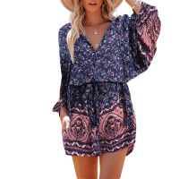 COD DSFERTEREERRE CELMIA Women Floral Print Bohemian Casual V-neck Long Sleeve Shorts Jumpsuit