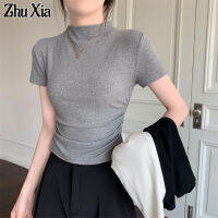 Zhu Xia เสื้อยืดผู้หญิง,เสื้อครอปคอแบบชุดแนบเนื้อสีดำดีไซน์ใหม่ฤดูร้อน