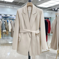 ใหม่ Elegant หญิง Beige สีดำแขนยาว Blazer Office Lady Turn-Down Collar Sash Tie Up Blazer กับ Belt