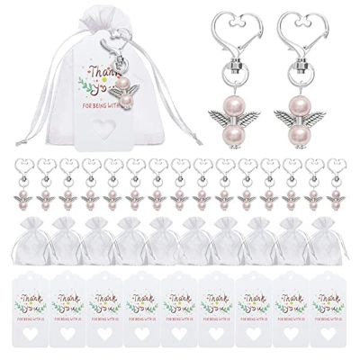 40 Sets Pearl Angel with Heart-Shape Keychain Wedding Favor Set,Include Angel Pearl Keychains,Organza Gift Bags A