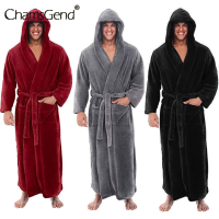 Mens Bathrobe Flannel Hooded Winter Robe Solid Plush Thick Lengthened Bathrobe Man Homewear Terry Robes Coat