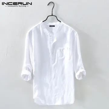 Men Cotton Linen 3/4 Sleeve Shirt Japanese Casual Loose Stand Collar Blouse  Tops