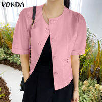 (จัดส่งฟรี)Fancystyle VONDA เสื้อกระดุมแถวเดียวคอมมิเตอร์ผู้หญิง Kemeja Lengan Pendek คอกลมสีพื้น