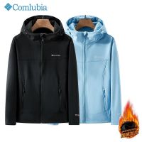 ☈Columbia แจ็คเก็ตกลางแจ้งสำหรับผู้ชายและผู้หญิง,ฤดูใบไม้ร่วงและฤดูหนาวคู่รุ่นกันลมกันน้ำบวกกำมะหยี่หนาแจ็คเก็ตมีฮู้ดอบอุ่น