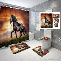 【hot】✧  4 Pcs Shower Curtain Set Prairie Steed Non-Slip Toilet Cover