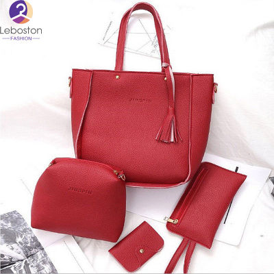 Leboston (กระเป๋า) 4Pcs Women Embossed Leather Handbag Lady Shoulder Bags Tote Purse Messenger Satchel Set