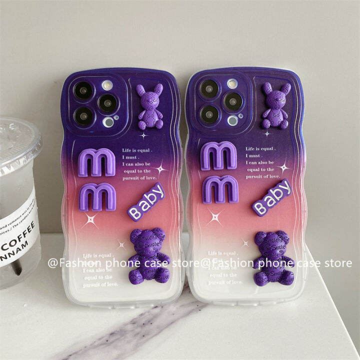 phone-case-เคส-oppo-a78-5g-เคสคลื่นขนาดใหญ่สีม่วงไล่ระดับสีลายการ์ตูนน่ารักตุ๊กตาหมี3มิติเคสนิ่มกันกระแทกพร้อม2023สร้อยข้อมือซิลิโคนที่ถอด